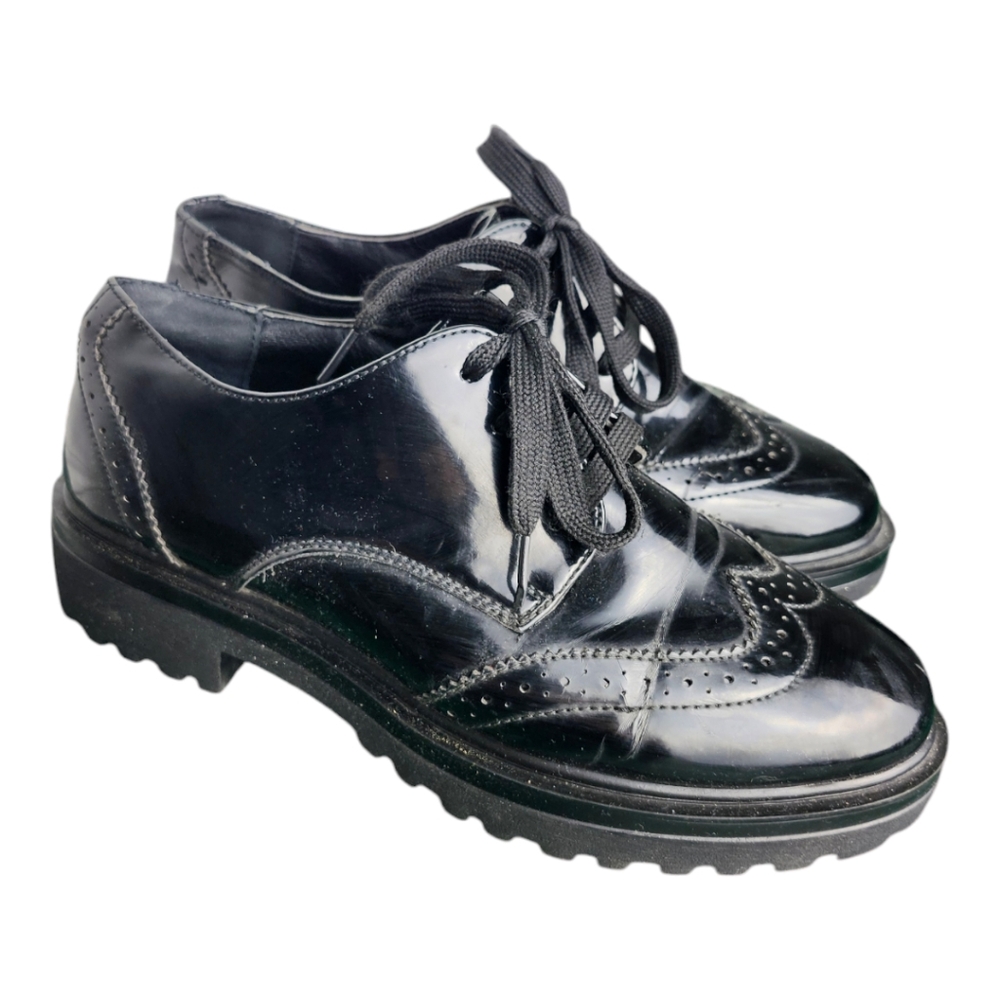 Womens Platform Lace-Up Comfort Wingtips Round Toe Patent Leather Brogues Shoes